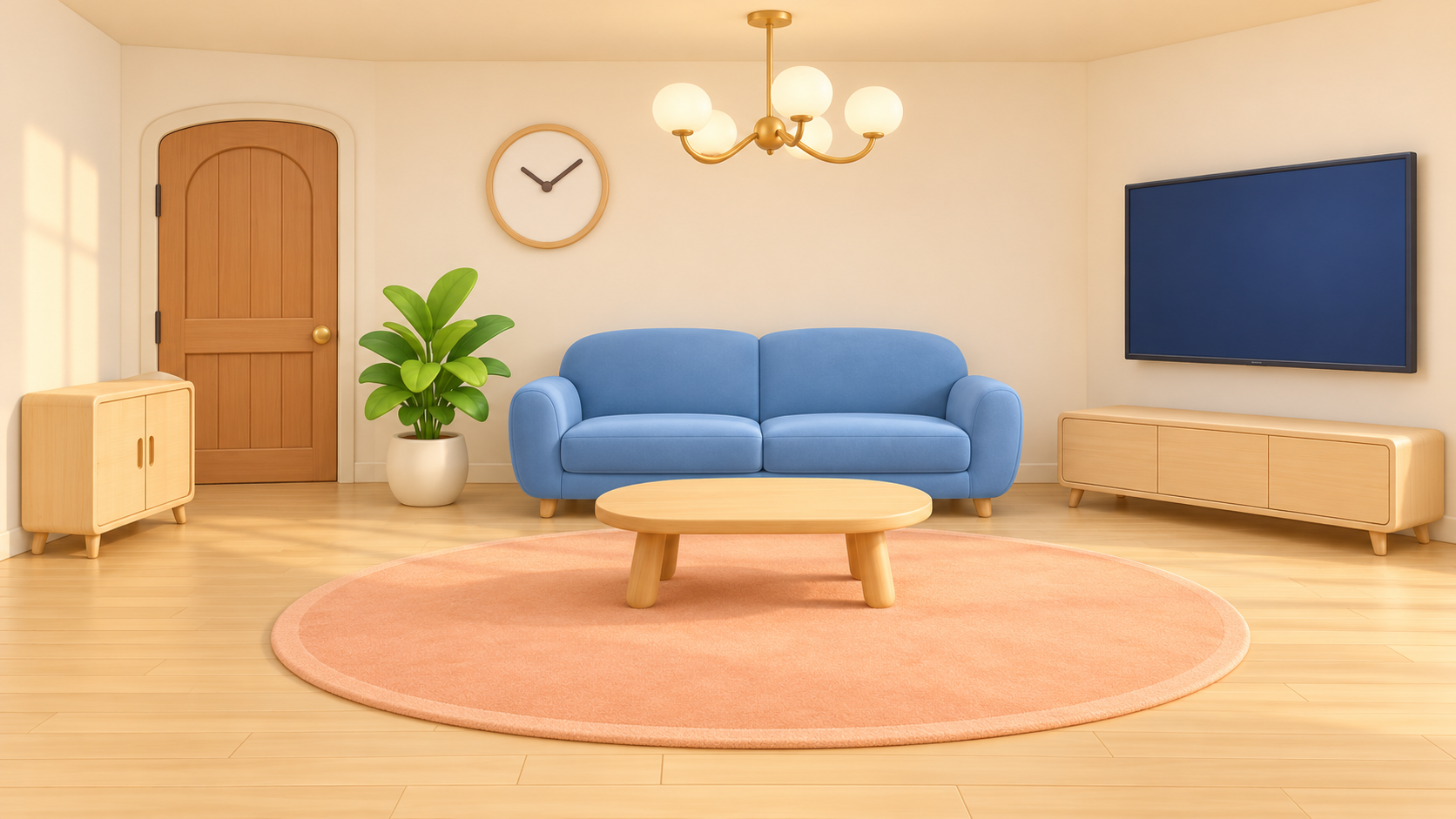 Phòng khách có cửa chính, tủ giày, chậu cây, sofa, bàn trà, thảm, tivi, kệ tivi, đồng hồ và đèn chùm